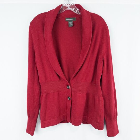 Eddie Bauer Cotton Cashmere Two Button Cardigan Womens Petite Large Red Holiday - Picture 1 of 15